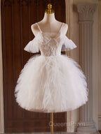 Cute Tulle Lace Light Champagne Short Evening Prom Dress, Cut Homecoming Dress