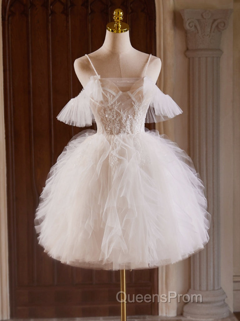 Cute Tulle Lace Light Champagne Short Evening Prom Dress, Cut Homecoming Dress