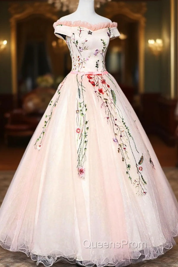 Cute Tulle Lace Long Evening Dress, A-Line Off Shoulder Party Dress
