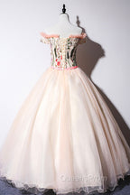 Cute Tulle Lace Long Evening Dress, A-Line Off Shoulder Party Dress