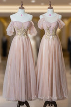 Cute Tulle Lace Tea Length Evening Prom Dress, Pink A-Line Evening Party Dress