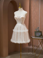 Cute Tulle Light Champagne Short Evening Prom Dress, Lace Homecoming Dress