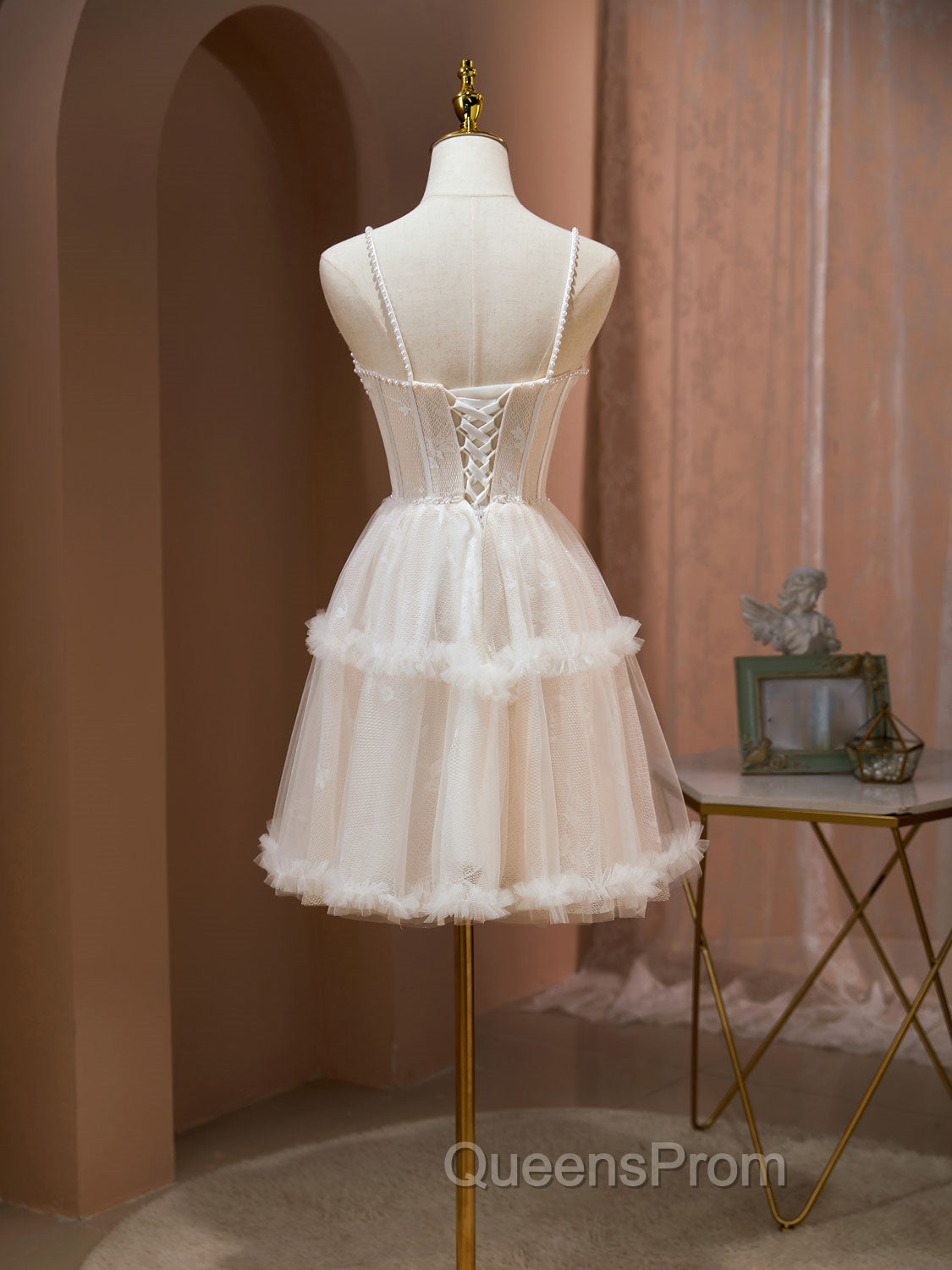 Cute Tulle Light Champagne Short Evening Prom Dress, Lace Homecoming Dress