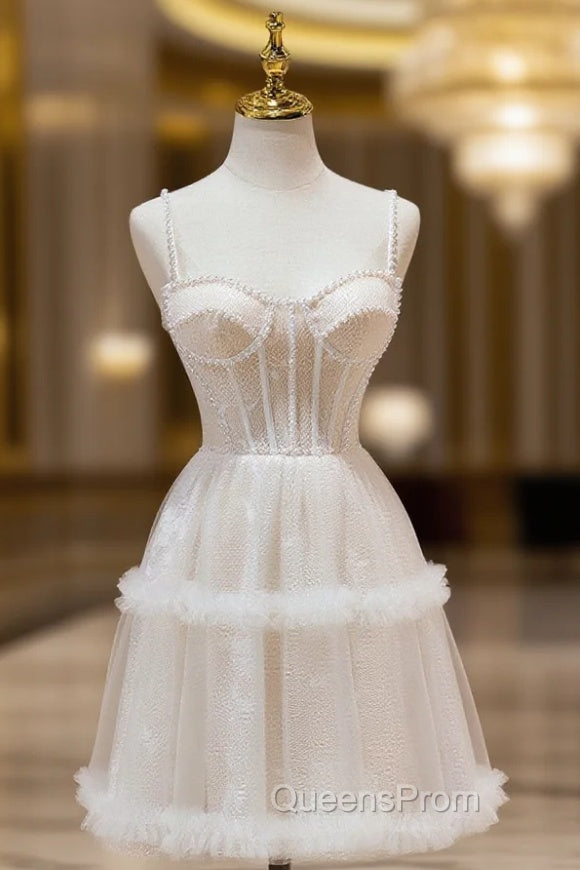 Cute Tulle Light Champagne Short Evening Prom Dress, Lace Homecoming Dress Main image
