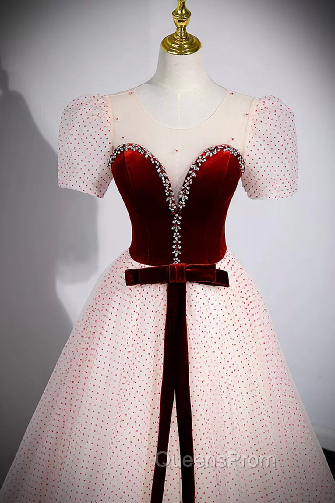 Cute Tulle Long Evening Prom Dress with Velvet, A-Line Short Sleeve Evening Dress Secondary image