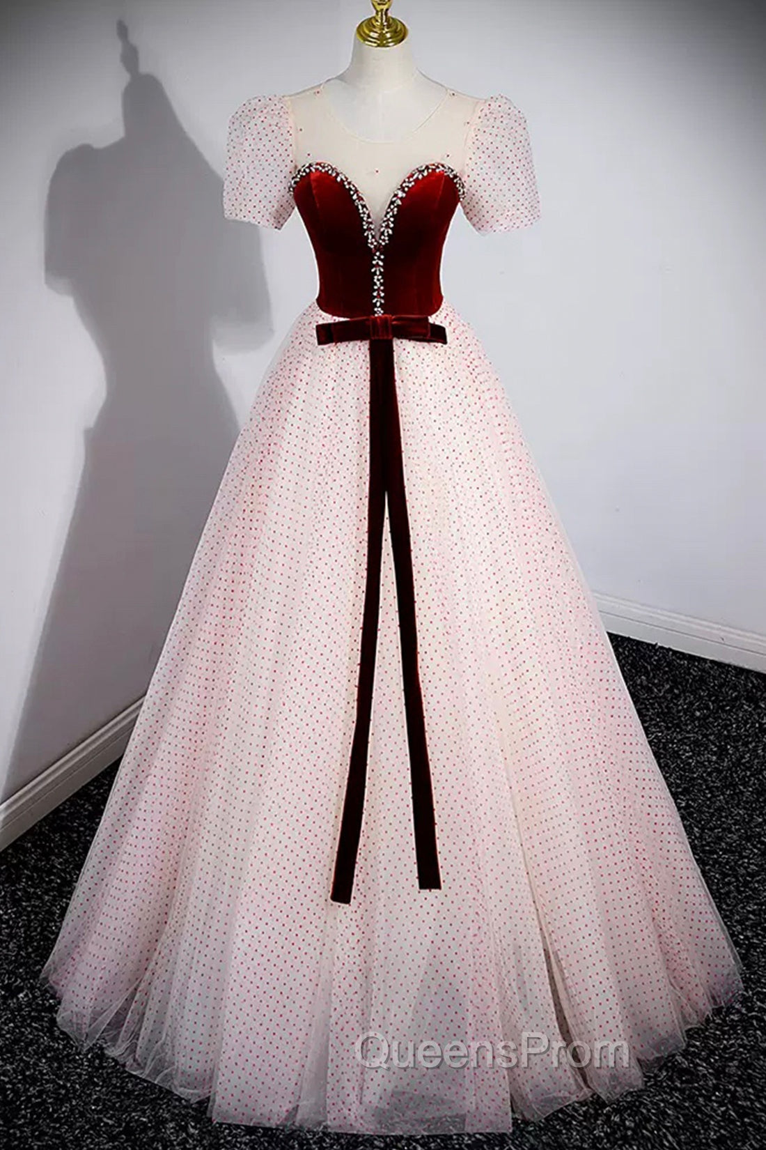 Cute Tulle Long Evening Prom Dress with Velvet, A-Line Short Sleeve Evening Dress