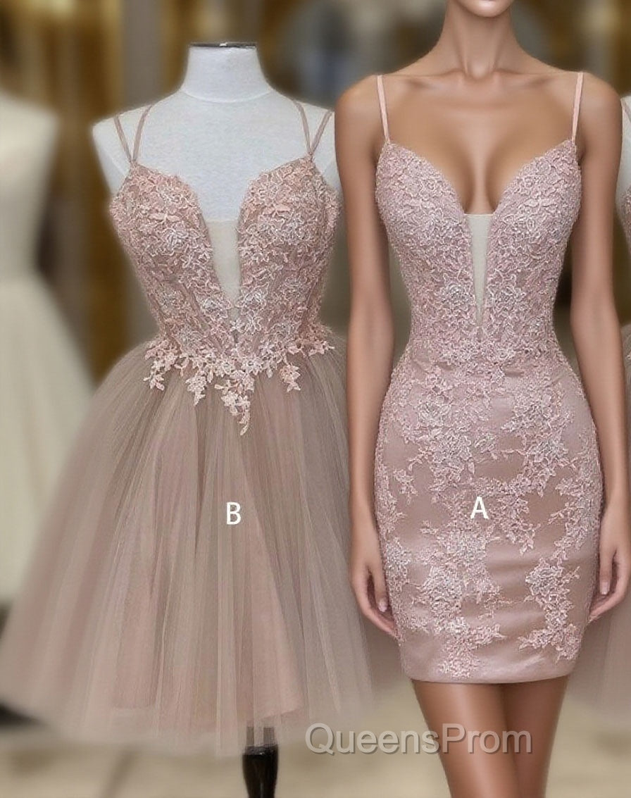 Cute tulle pink lace short Evening Prom Dress, cute lace homecoming Dress Main image