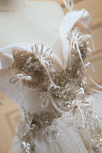Cute Tulle Sequins Short Evening Prom Dress, Light Champagne Off Shoulder Party Dress