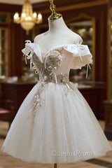 Cute Tulle Sequins Short Evening Prom Dress, Light Champagne Off Shoulder Party Dress