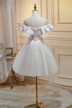 Cute Tulle Sequins Short Evening Prom Dress, Light Champagne Off Shoulder Party Dress