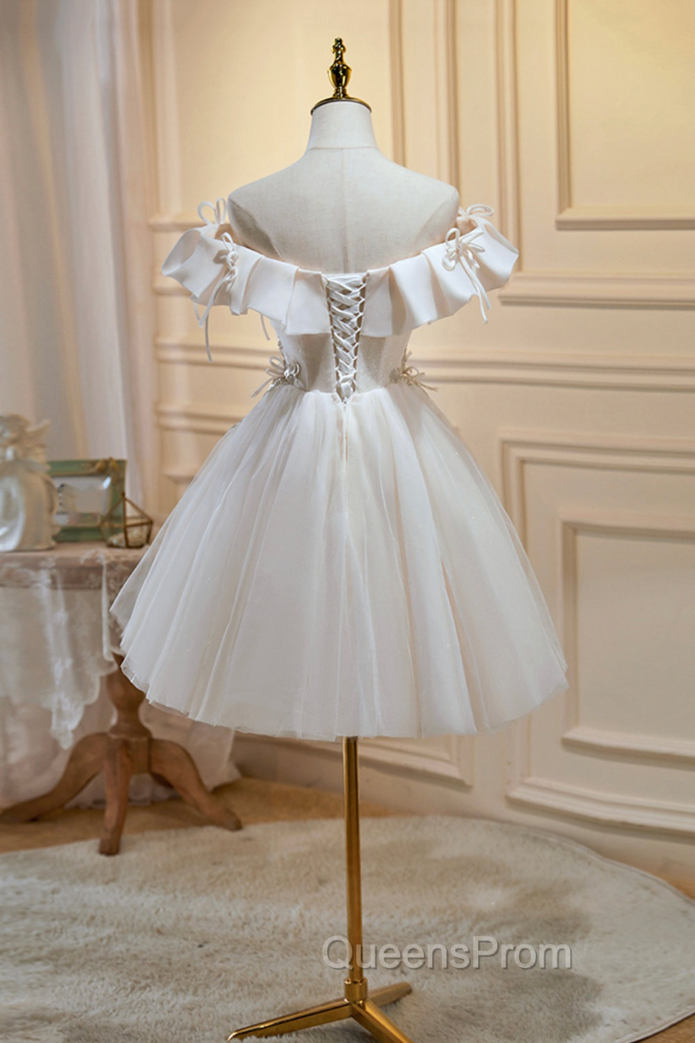 Cute Tulle Sequins Short Evening Prom Dress, Light Champagne Off Shoulder Party Dress
