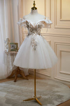 Cute Tulle Sequins Short Evening Prom Dress, Light Champagne Off Shoulder Party Dress