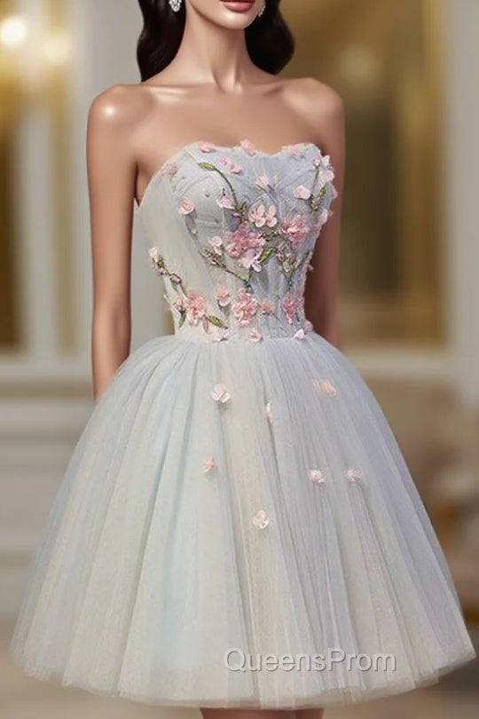 Cute Tulle Short Lace Applique Short Evening Prom Dress, Tulle Puffy Homecoming Dress
