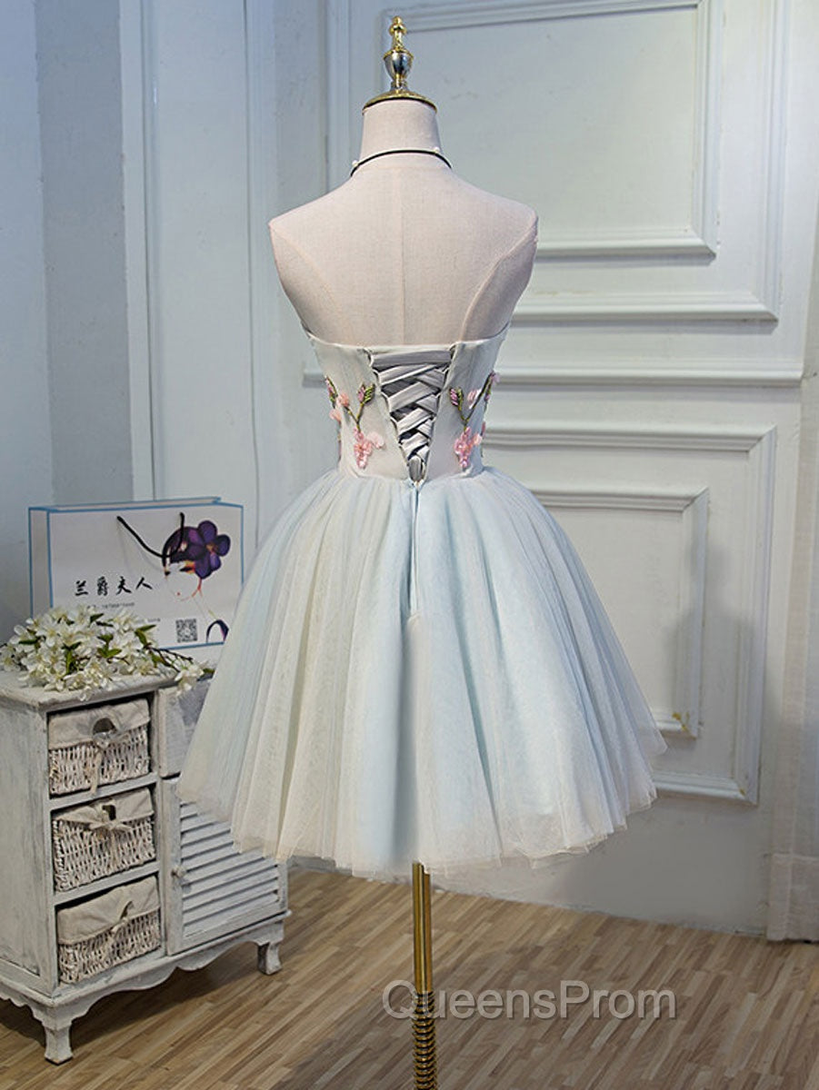 Cute Tulle Short Lace Applique Short Evening Prom Dress, Tulle Puffy Homecoming Dress