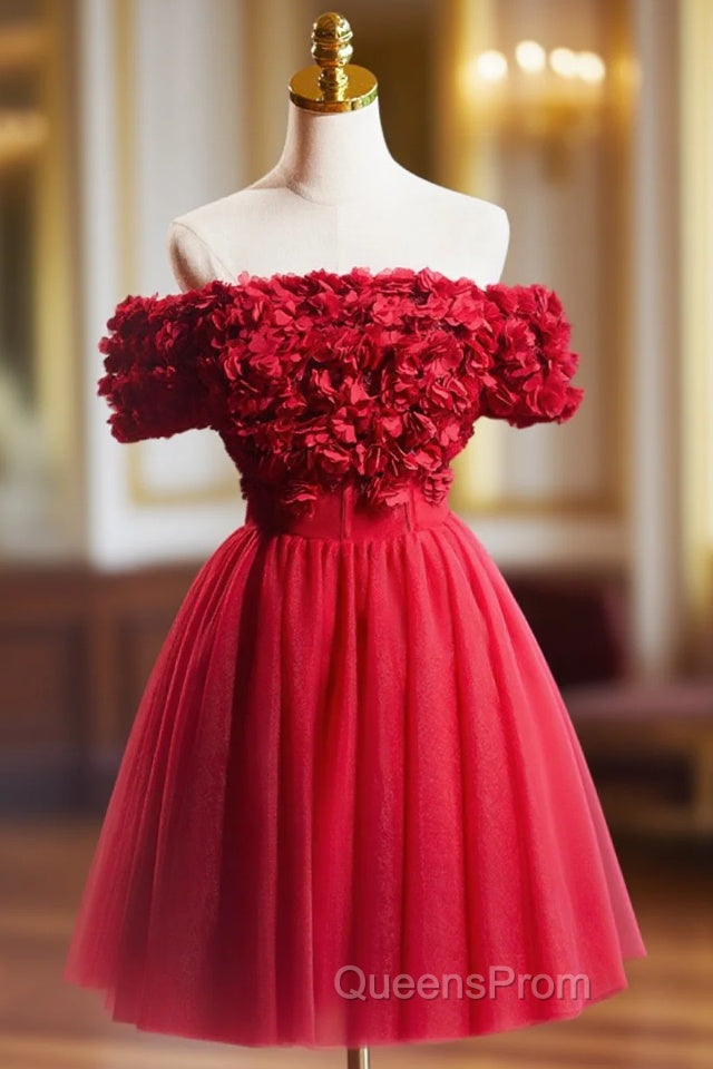 Cute Tulle Short Evening Prom Dress with Appliques, Red A-Line Homecoming Party Dress