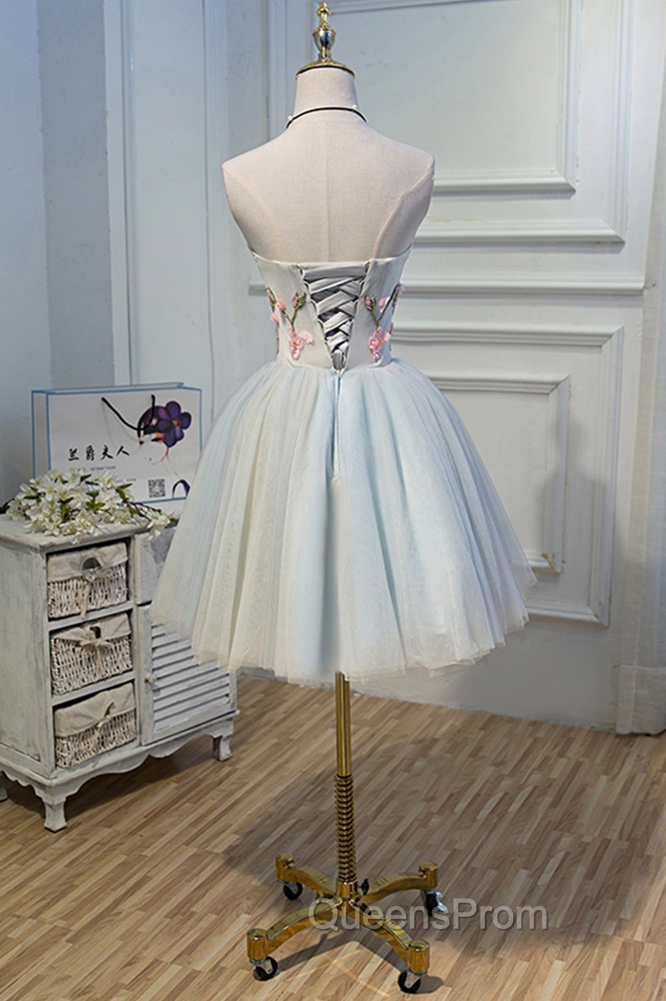 Cute Tulle Short Evening Prom Dress with Lace, A-Line Homecoming Party Dress