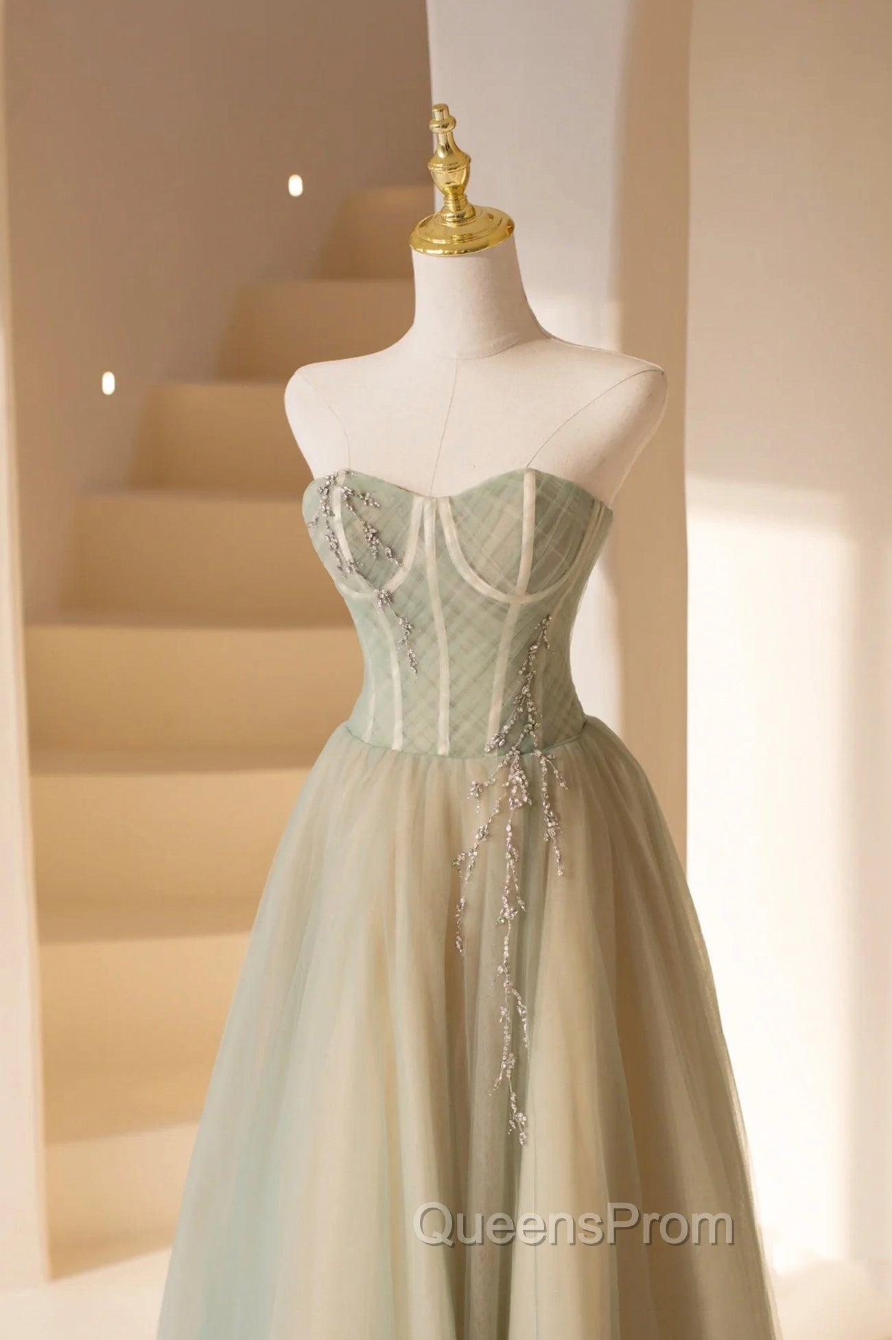 Cute Tulle Tea Length Evening Prom Dress, Green A-Line Strapless Evening Party Dress Secondary image