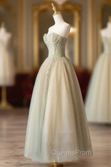 Cute Tulle Tea Length Evening Prom Dress, Green A-Line Strapless Evening Party Dress