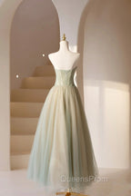Cute Tulle Tea Length Evening Prom Dress, Green A-Line Strapless Evening Party Dress