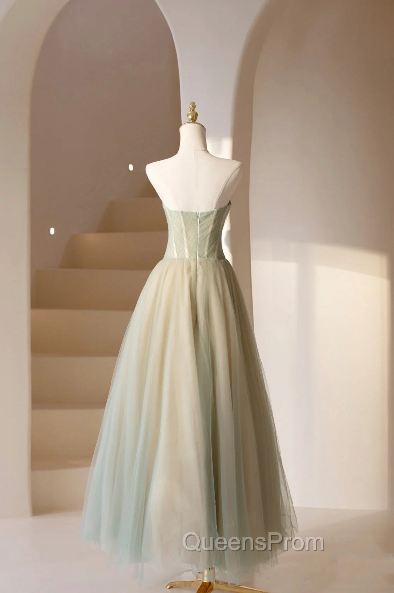 Cute Tulle Tea Length Evening Prom Dress, Green A-Line Strapless Evening Party Dress