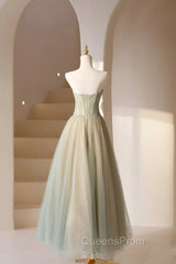 Cute Tulle Tea Length Evening Prom Dress, Green A-Line Strapless Evening Party Dress
