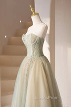 Cute Tulle Tea Length Evening Prom Dress, Green A-Line Strapless Evening Party Dress