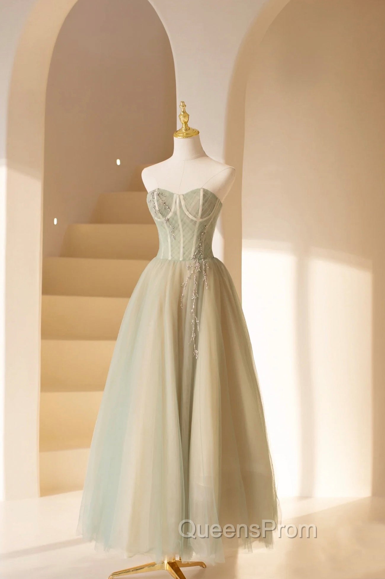 Cute Tulle Tea Length Evening Prom Dress, Green A-Line Strapless Evening Party Dress Main image