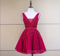 Cute Tulle V-neckline Beaded Short Evening Prom Dress, Homecoming Dress 2026