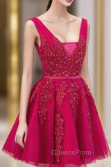 Cute Tulle V-neckline Beaded Short Evening Prom Dress, Homecoming Dress 2026