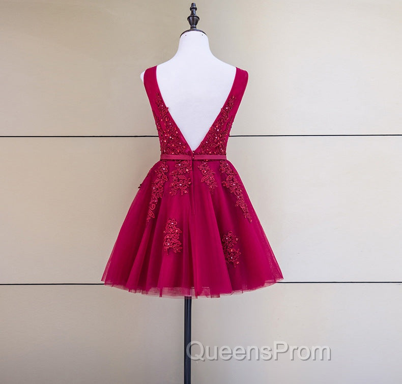 Cute Tulle V-neckline Beaded Short Evening Prom Dress, Homecoming Dress 2026