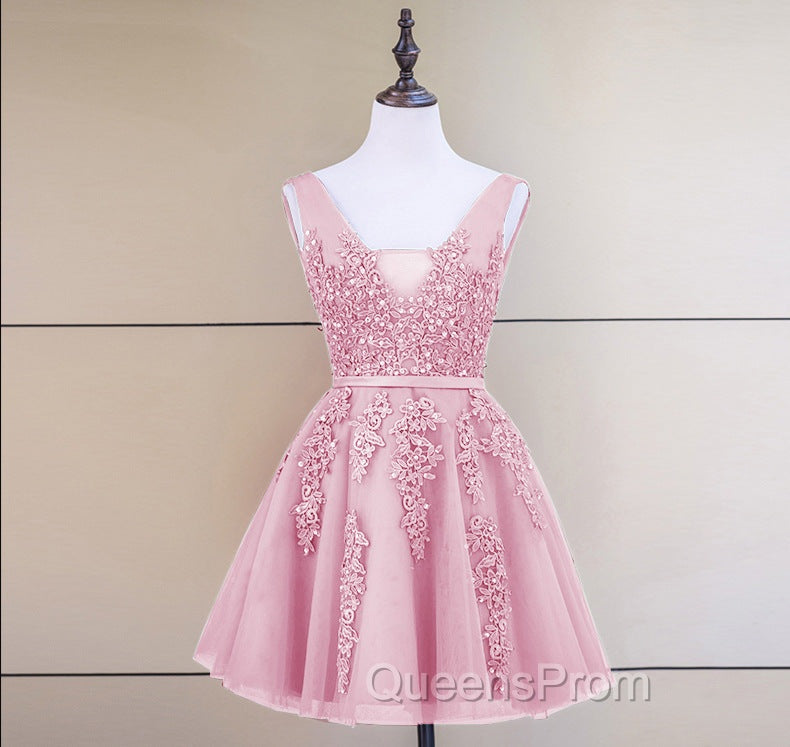 Cute Tulle V-neckline Beaded Short Evening Prom Dress, Homecoming Dress 2026