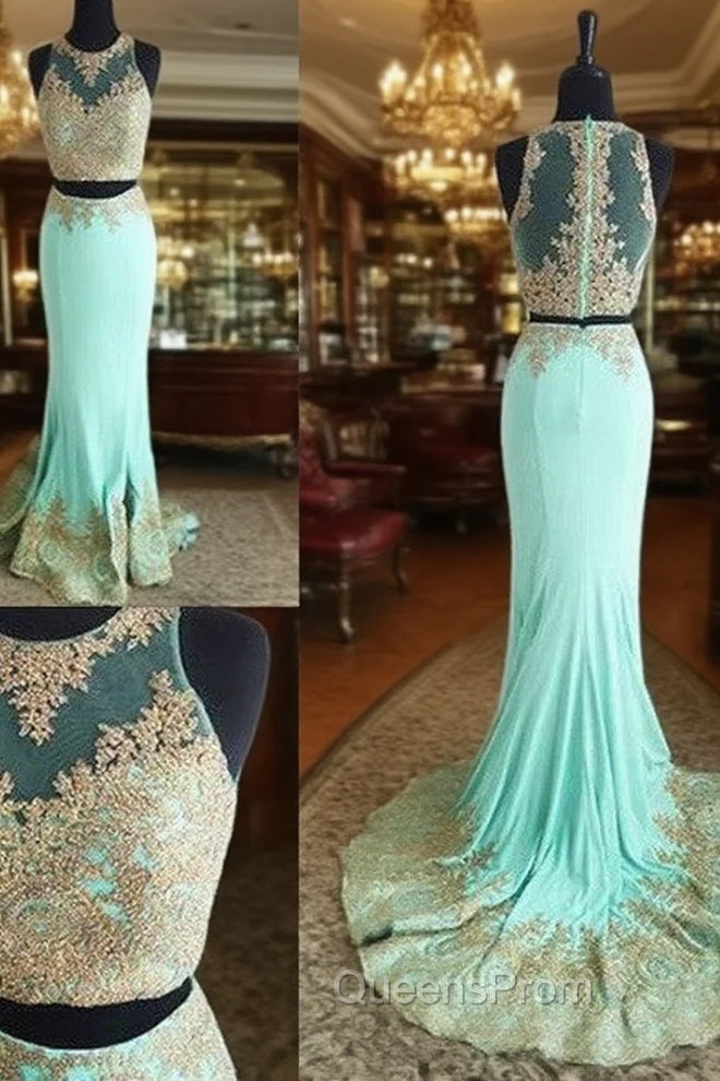 Cute Two Pieces Green Lace Mermaid Long Evening Prom Dress, Evening Dress Main image