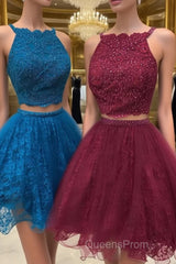 Cute two pieces lace tulle beads short Evening Prom Dress, lace homecoming Dress