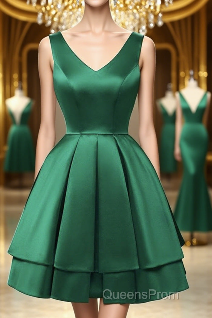 Cute V Neck and V Back Layered Green Short Evening Prom Dress, Short Green Homecoming Dress, Green Formal Evening Dress Main image