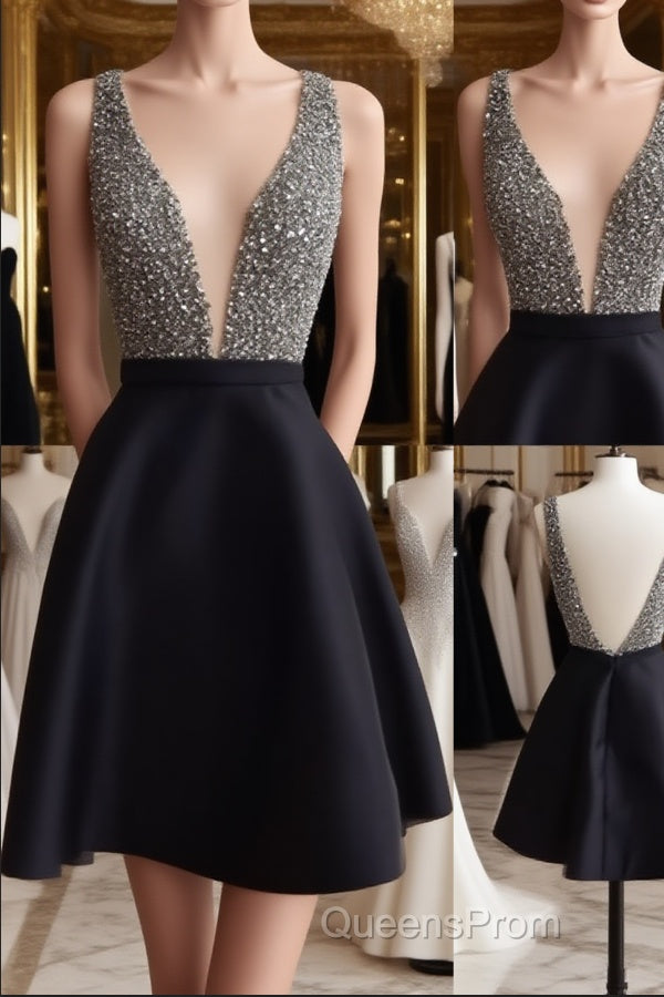Cute V Neck And V Back Sequin Short Black Evening Prom Dress, Cute Short Black Homecoming Dress