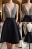 Cute V Neck And V Back Sequin Short Black Evening Prom Dress, Cute Short Black Homecoming Dress