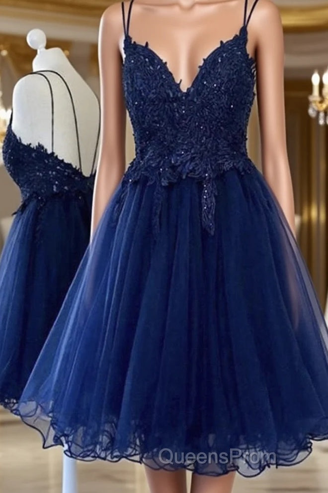 Cute V Neck Backless Blue Lace Short Evening Prom Dress, Blue Lace Homecoming Dress, Blue Formal Evening Dress Main image