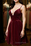 Cute V Neck Backless Burgundy Velvet Short Evening Prom Homecoming Dress, Backless Maroon Formal Graduation Evening Dress