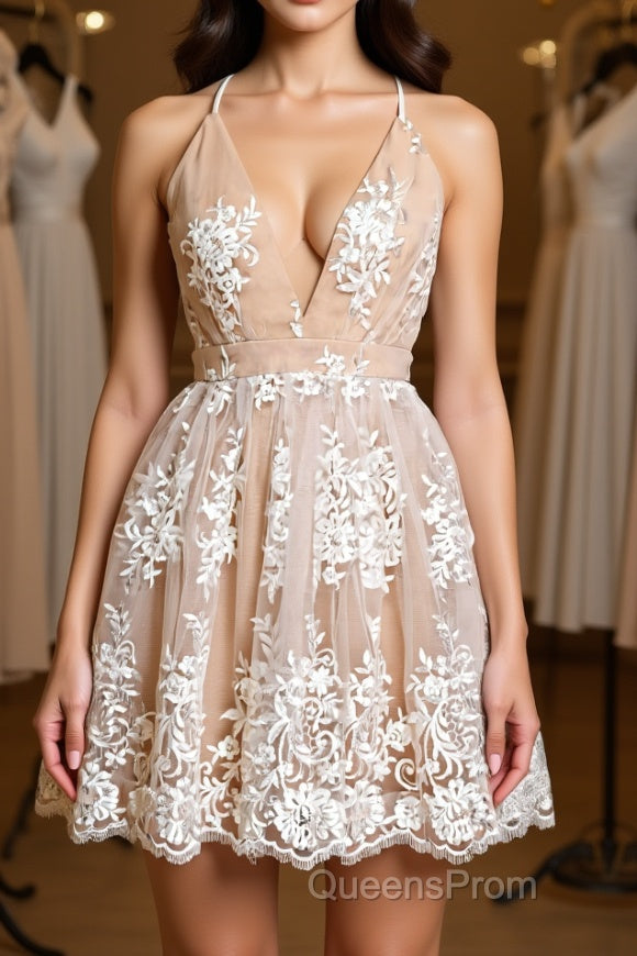 Cute V Neck Backless Pink Lace Appliques Short Evening Prom Dress, Pink Lace Formal Graduation Homecoming Dress Main image