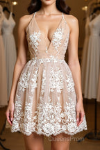 Cute V Neck Backless Pink Lace Appliques Short Evening Prom Dress, Pink Lace Formal Graduation Homecoming Dress