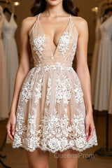 Cute V Neck Backless Pink Lace Appliques Short Evening Prom Dress, Pink Lace Formal Graduation Homecoming Dress