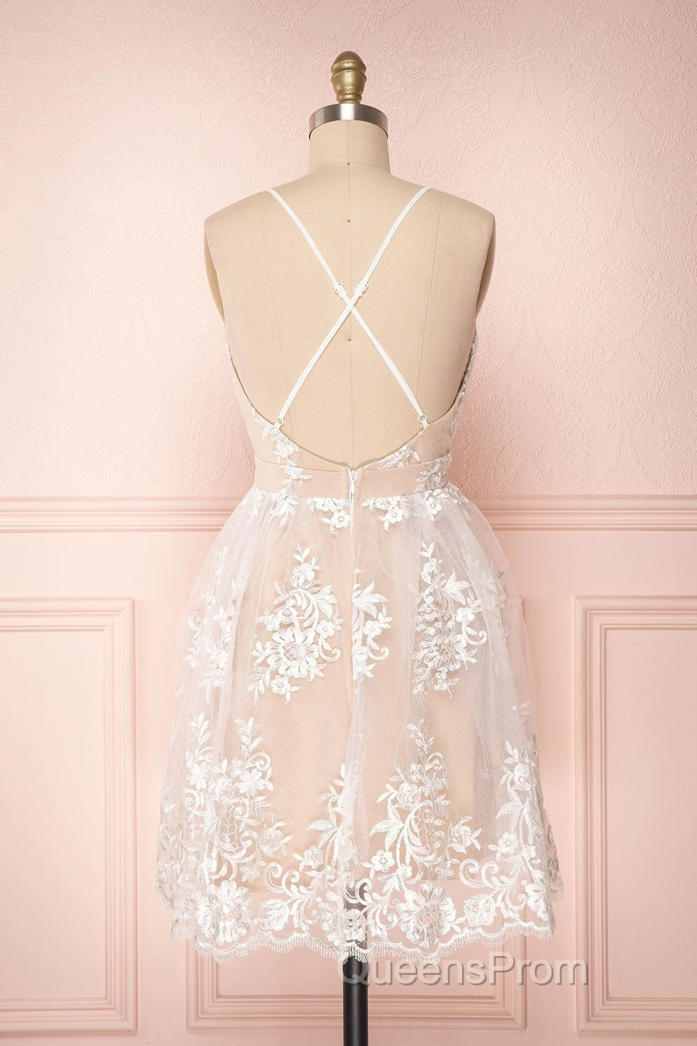 Cute V Neck Backless Pink Lace Appliques Short Evening Prom Dress, Pink Lace Formal Graduation Homecoming Dress Secondary image