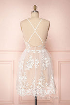 Cute V Neck Backless Pink Lace Appliques Short Evening Prom Dress, Pink Lace Formal Graduation Homecoming Dress