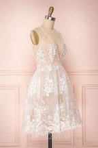 Cute V Neck Backless Pink Lace Appliques Short Evening Prom Dress, Pink Lace Formal Graduation Homecoming Dress