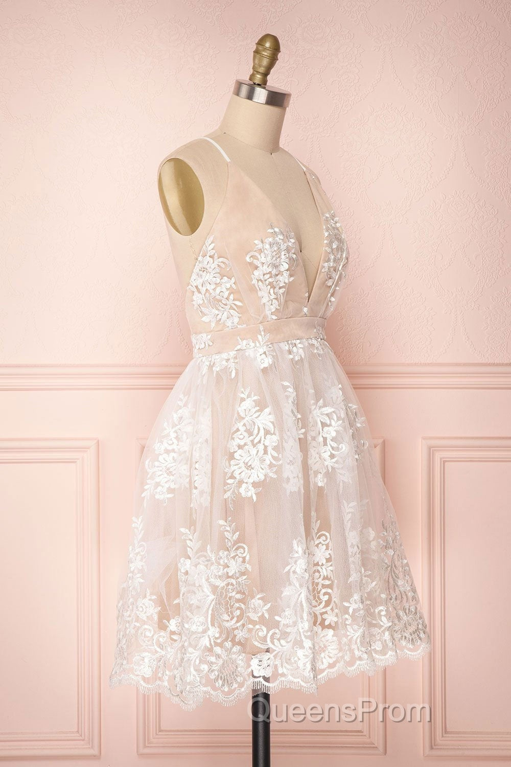 Cute V Neck Backless Pink Lace Appliques Short Evening Prom Dress, Pink Lace Formal Graduation Homecoming Dress
