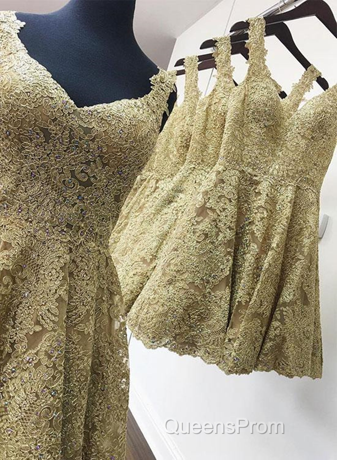 Cute V Neck Golden Lace Short Evening Prom Dress, Golden Lace Homecoming Dress, Golden Formal Evening Dress Secondary image