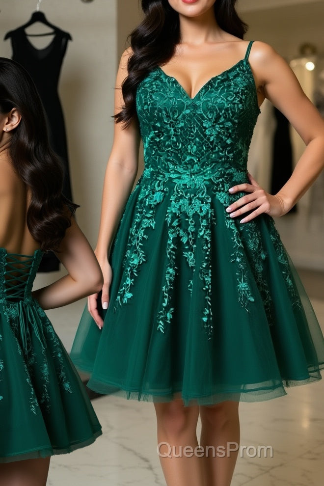 Cute V Neck Green Lace Short Evening Prom Homecoming Dress, Green Lace Formal Dress, Green Evening Dress Main image