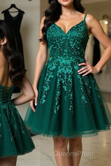 Cute V Neck Green Lace Short Evening Prom Homecoming Dress, Green Lace Formal Dress, Green Evening Dress