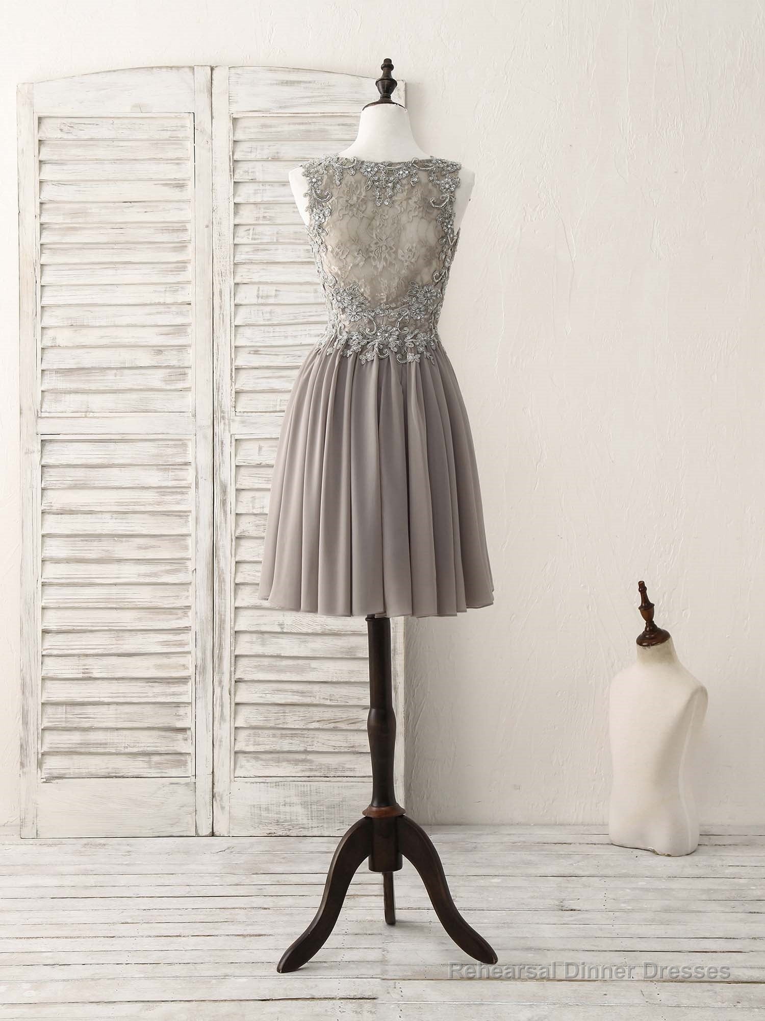 Cute V Neck Lace Chiffon Gray Short Prom Dress Gray Homecoming Dress Main image
