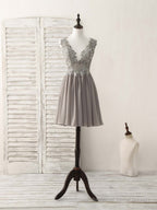 Cute V Neck Lace Chiffon Gray Short Prom Dress Gray Homecoming Dress